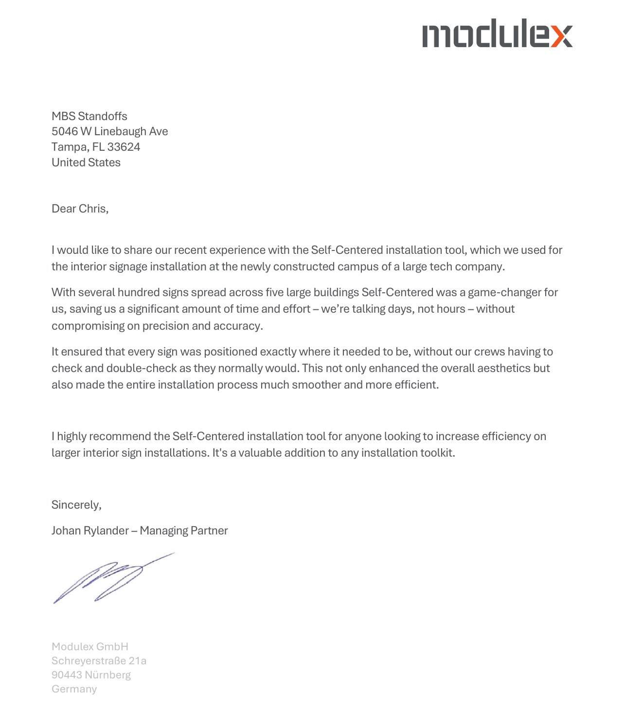 Full endorsement letter from Johan Rylander, Managing Partner, Modulex GmbH