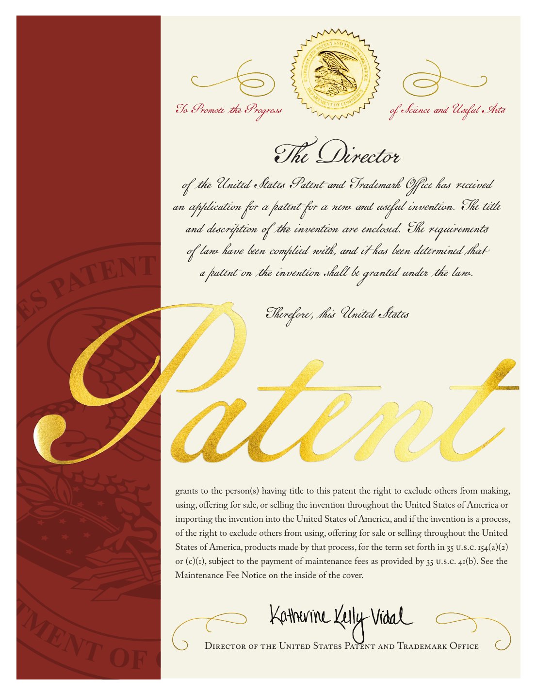 United States patent certificate, signed by the Director of the United States Patent and Trademark Office