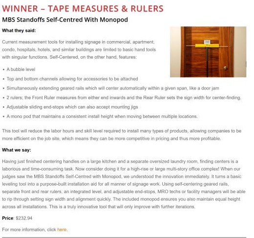 Pro Tool Innovation Awards winners page entry for the MBS Standoffs Self-Centred With Monopod, with the judges' comments