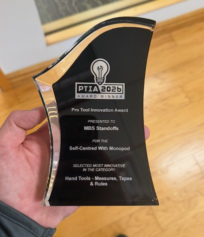 The 2026 Pro Tool Innovation Award trophy for the Self-Centred with Monopod, presented to MBS Standoffs